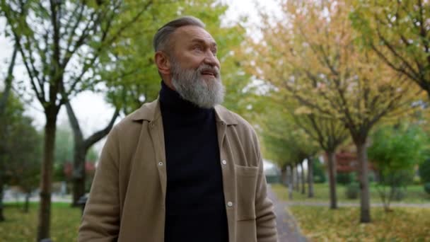 Portret van een vrolijke glimlach aantrekkelijke volwassen man op zoek rond herfst park. — Stockvideo