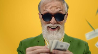 Mutlu yaşlı adam stüdyoda para sayıyor. Neşeli adam içeri dolar atıyor..