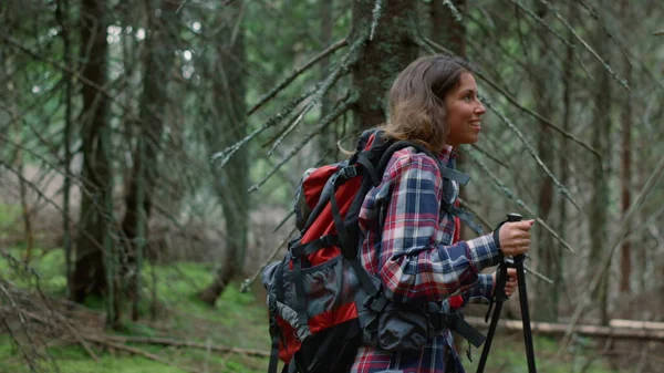 Mujer con bastones de trekking senderismo en el bosque. Turista mujer caminando en el bosque — Foto de Stock