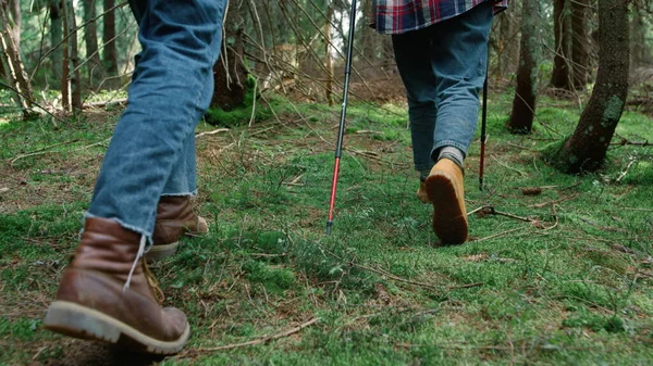 Uomo e donna in scarponi da trekking che camminano nel bosco. Escursionisti trekking nel bosco — Foto Stock