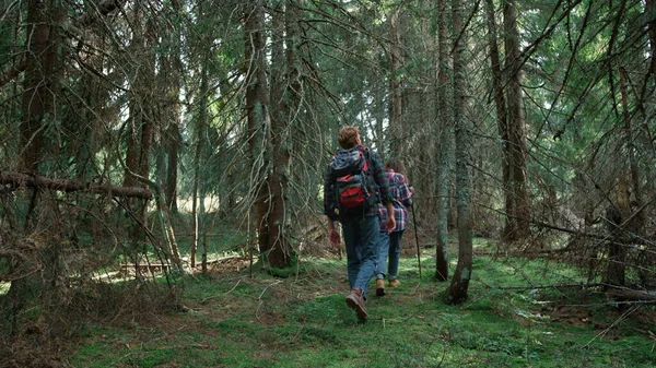 Lachende wandelaars wandelen in het bos. Enkele toeristen die tussen de bomen trekken — Stockfoto