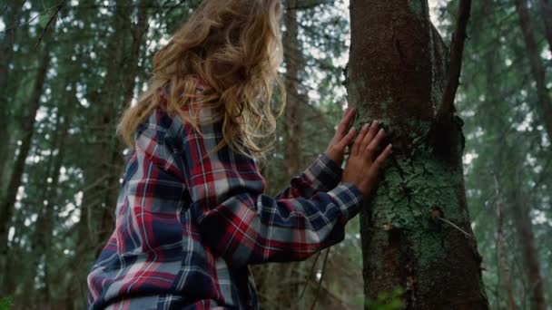 En kvinne som rører ved trestammen med hendene i skogen. Jente står i sommerskog – stockvideo