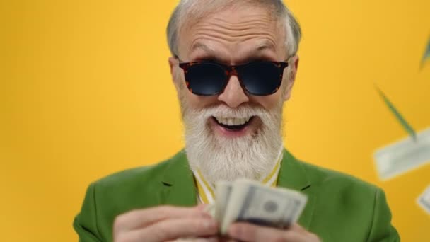 Happy aged man counting money in studio. Cheerful guy throwing dollars indoors. — Stock Video