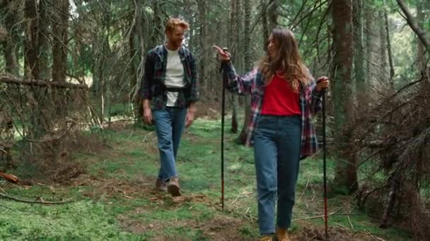 Turistas caminando en el bosque de cuento de hadas. Chica y chico caminando entre árboles — Vídeo de stock