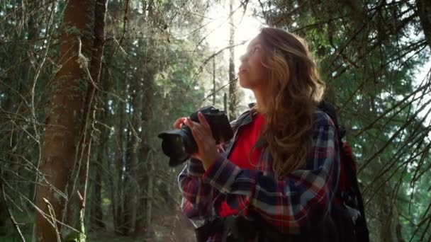 Женщина фотографирует на камеру в лесу. Туристическая настройка масштаба объектива камеры — стоковое видео
