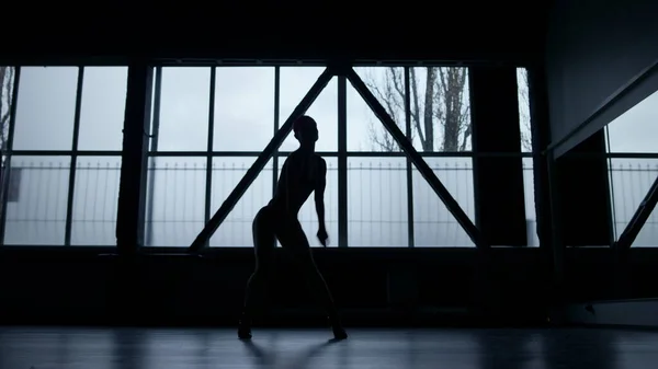 Silhueta mulher fazendo aeróbica dentro de casa. Dançarino desconhecido tendo treino na aula — Fotografia de Stock
