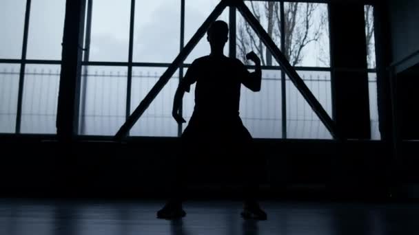 Silueta de bailarina practicando en interior oscuro. Hombre desconocido bailando adentro. — Vídeos de Stock
