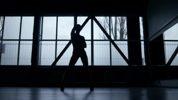 Сексуальный силуэт танцовщицы в классе. Чувственная женщина танцует в помещении. — стоковое видео