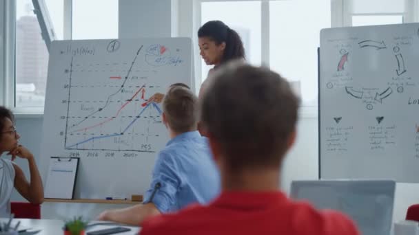 Mujer africana presentando estrategia en la sala de juntas. Entrenadora empleada docente — Vídeos de Stock