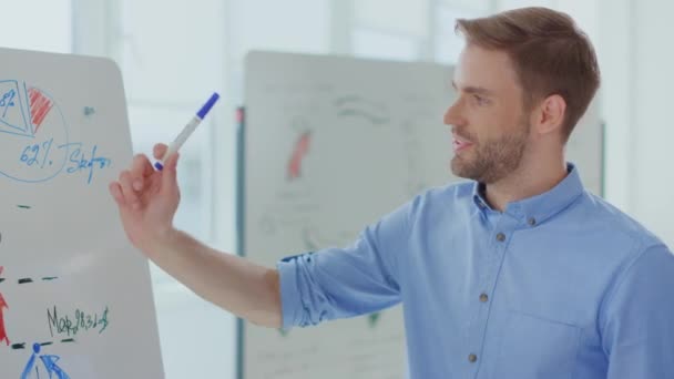 Homme d'affaires présentant le bureau du projet. Homme confiant pointant la main tableau blanc — Video