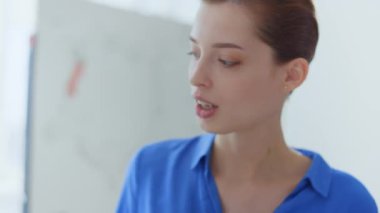 Kapalı alanda beyaz panoya bakan kadın yüzü. İşletme koçu el hareketi çizelgesi