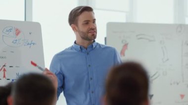  Akıllı konuşmacı takım koçu ofisi. İş adamı insanlara toplantı odasını öğretiyor.