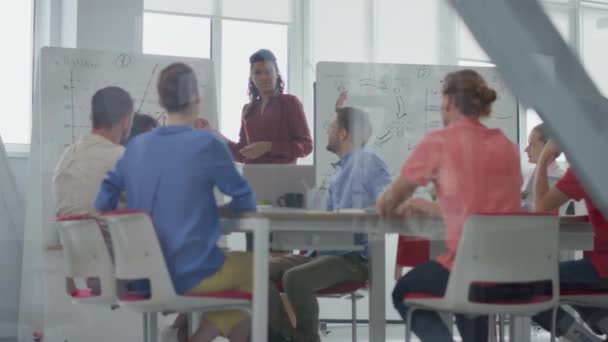 A través de vidrio afro dama presentando oficina de proyecto. Sala de juntas de reunión de equipo — Vídeo de stock