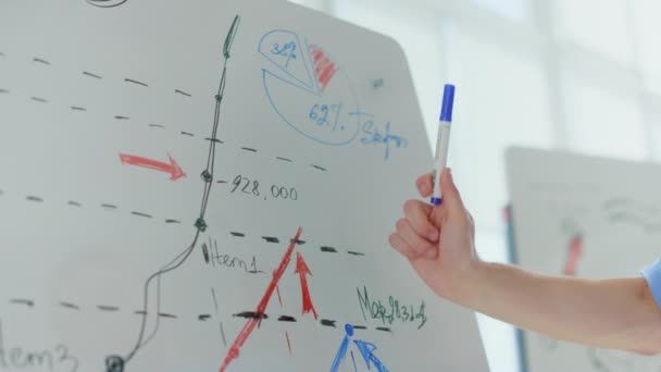 Man hand marker míří na flip chart office. Neznámý muž zobrazující tabuli grafu — Stock video