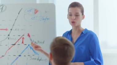 İş kadını toplantı odasında sunum yapıyor. Takım lideri insanlarla konuşuyor. 