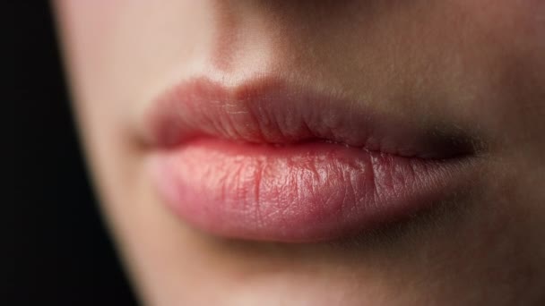 Makro perfekter natürlicher weiblicher Lippen auf schwarzem Hintergrund. Mollige sexy volle Lippen. — Stockvideo