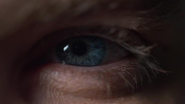 Close-up van het geopende blauwe oog. Macro video van geconcentreerde jongeman. — Stockvideo