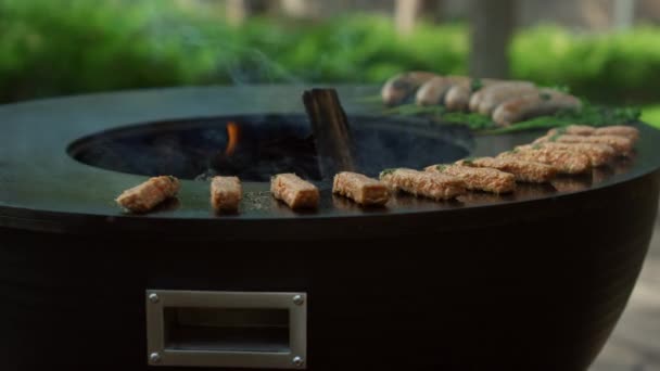 Bâtonnets de viande hachée griller sur le gril à l'extérieur. Kebab de viande friture sur grille — Video