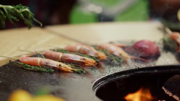 Okänd kvinna sätta örter på bbq grill. Räkor steker på grillen utanför — Stockvideo