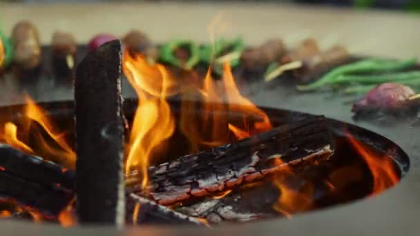Oheň hoří v grilu BQ na dvorku. Chutné jídlo vaření v ohni plamen. — Stock video