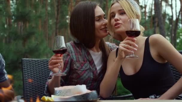 Mulheres bonitas a beber vinho lá fora. Namoradas conversando na festa da grelha — Vídeo de Stock