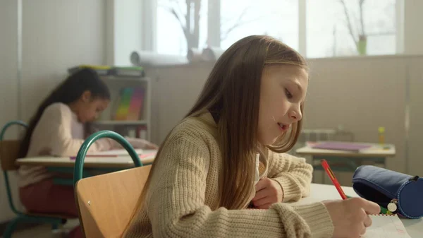 Schoolmeisje aan het leren in de klas. Vrolijke leerling zit aan het bureau tijdens de les — Stockfoto