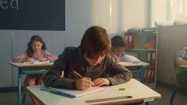 Focused student schooling in classroom. Diligent pupil writing in notebooks