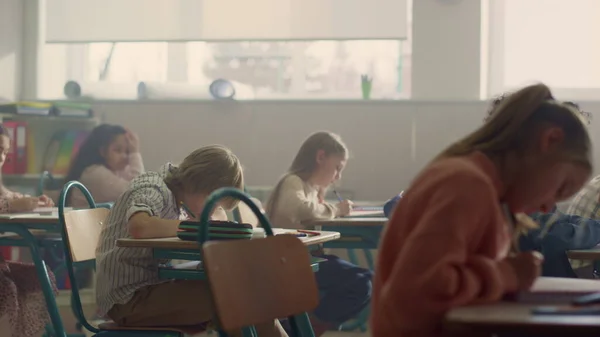 Estudiantes sentados en escritorios en clase escolar. Niños que tienen clase en el aula — Foto de Stock