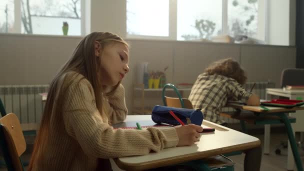 Colegiala inteligente escribiendo en cuaderno en la lección en la escuela primaria — Vídeos de Stock