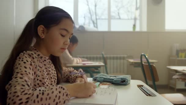 Ασιάτισσα που μαθαίνει στην τάξη. Μαθητής γράφει στο σημειωματάριο κατά τη διάρκεια μαθήματος — Αρχείο Βίντεο