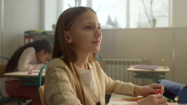 小学校の授業で勉強している生徒。授業中に机に座っている女の子 — ストック動画