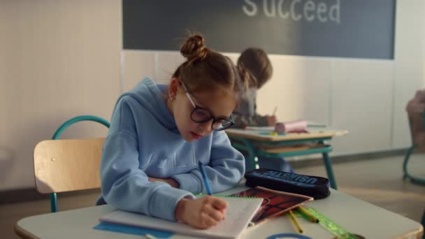 Gericht onderwijs voor studenten in de klas. ijverig leerling schrijven in notebook — Stockvideo