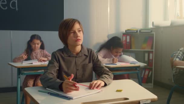 Focused student schooling in classroom. Diligent pupil writing in notebooks — Stock Video