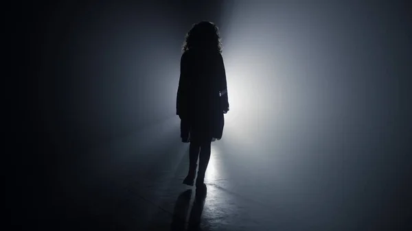 Siluet gibi ince bir kız karanlıkta kayboluyor. Arkadan bakan kız karanlıkta yürüyor. — Stok fotoğraf