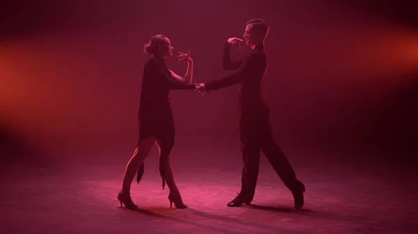 Tyylikkäät tanssijat pitävät toisiaan kädestä esityksen aikana. Viehättävä pari tanssia . — kuvapankkivalokuva