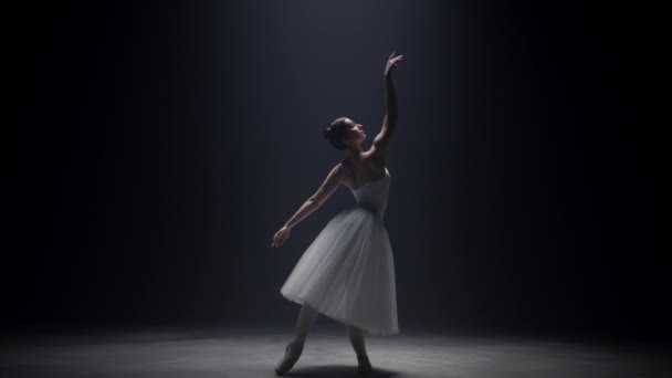 Ballerine flexible debout sous les projecteurs. Ballet danseur déplacer les mains sur scène — Video