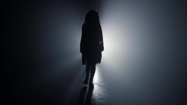 Silhouet slank meisje gaat weg in het donker. Terug uitzicht meisje wandelen in het donker. — Stockvideo
