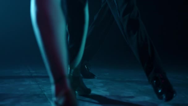 Bailarinas piernas ejercitando movimientos latinos. Salón pareja pies bailando en el interior. — Vídeos de Stock