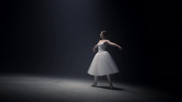 Bonita bailarina dando vueltas de puntillas. Bailarina de ballet bailando en el escenario. — Vídeos de Stock