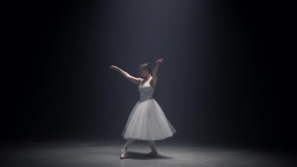 Чуттєва балерина танцює на сцені. Витончена балетна танцівниця виступає в приміщенні . — стокове відео