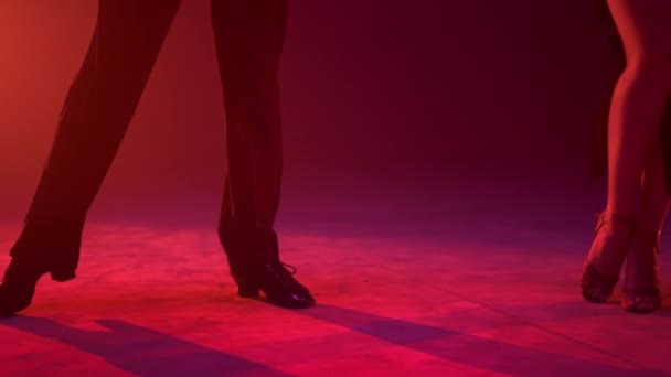 Táncosok lábai mozognak a színpadon. Táncoló pár házon belül. — Stock videók