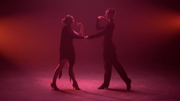 Bailarines elegantes tomados de la mano durante la actuación. Pareja elegante bailando . — Vídeos de Stock