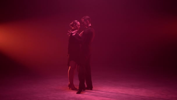 Νεαροί χορευτές στέκονται στη σκηνή. Αισθησιακό ζευγάρι που αγκαλιάζει εσωτερικούς χώρους. — Αρχείο Βίντεο