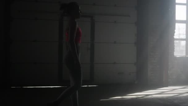 Μυώδης αθλητής που περπατάει στο σύγχρονο γυμναστήριο. Γυναίκα πηγαίνει σε αθλητικό σύλλογο για την κατάρτιση — Αρχείο Βίντεο