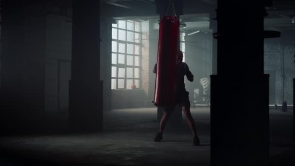 Kickboxer punching sports bag in gym. Fighter boxing heavy punchbag with gloves — Stock Video