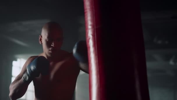 Bolso de boxeo profesional en gimnasio. Hombre deportivo boxeo en club deportivo — Vídeos de Stock