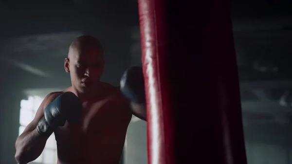 Professional boxer punching bag in gym. Sports man boxing in sports club — Stock Photo, Image