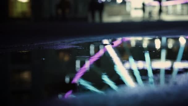 Reflektion av pariserhjul i pöl. Okända människor som kör i centrum. — Stockvideo