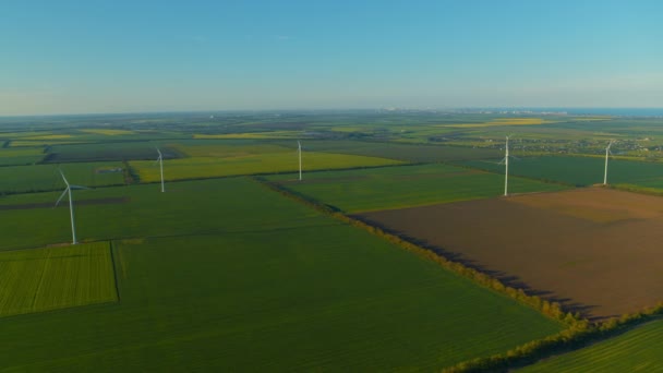 Luchtfoto windturbines die alternatieve energie produceren voor duurzame industrie. — Stockvideo