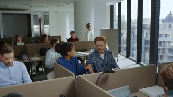 Arbetstagare pratar om arbete på en avlägsen arbetsplats. Företagsteam som arbetar tillsammans — Stockvideo